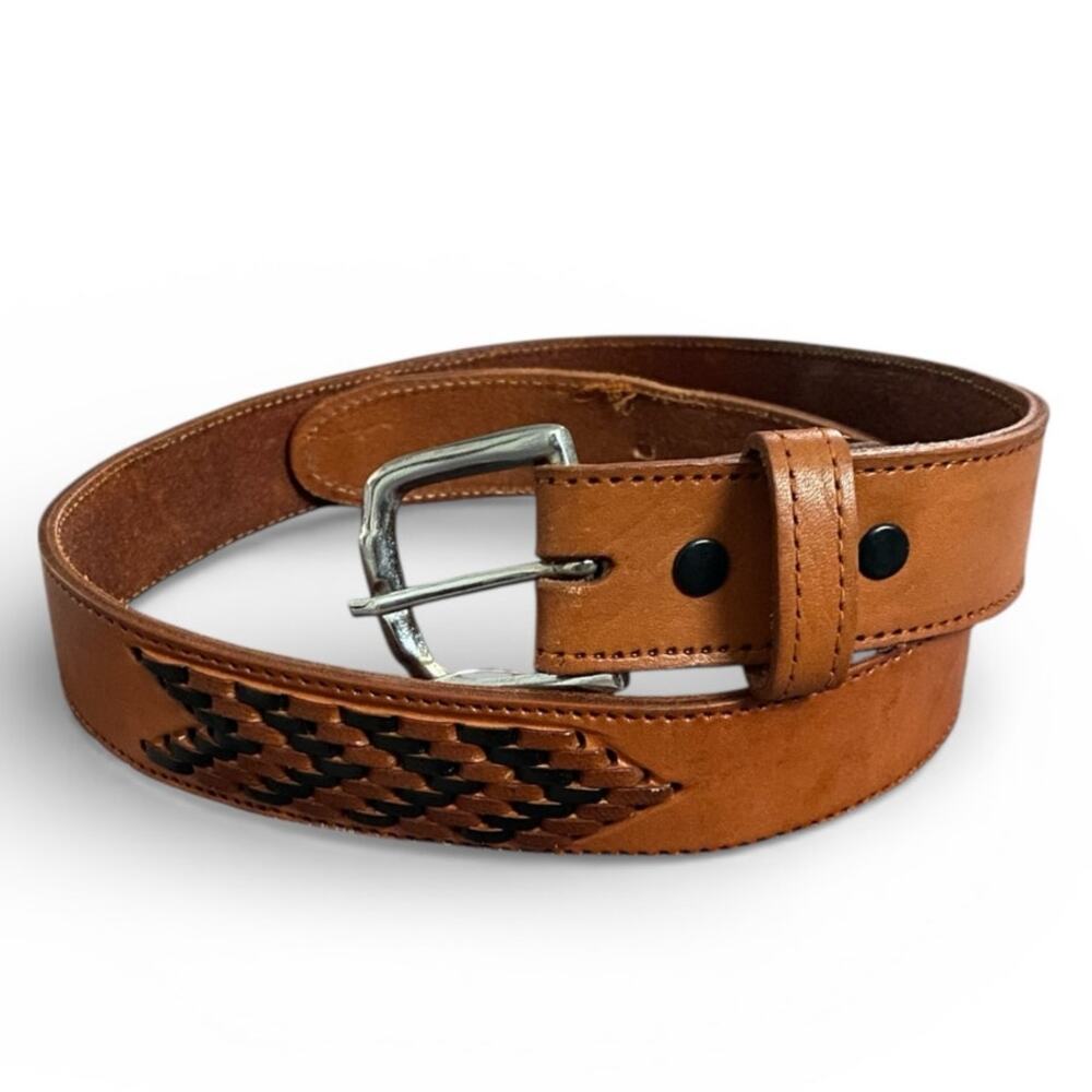 Concho Leather Men's Belt 34 Brown Black Woven Western Design Silver Buckle
